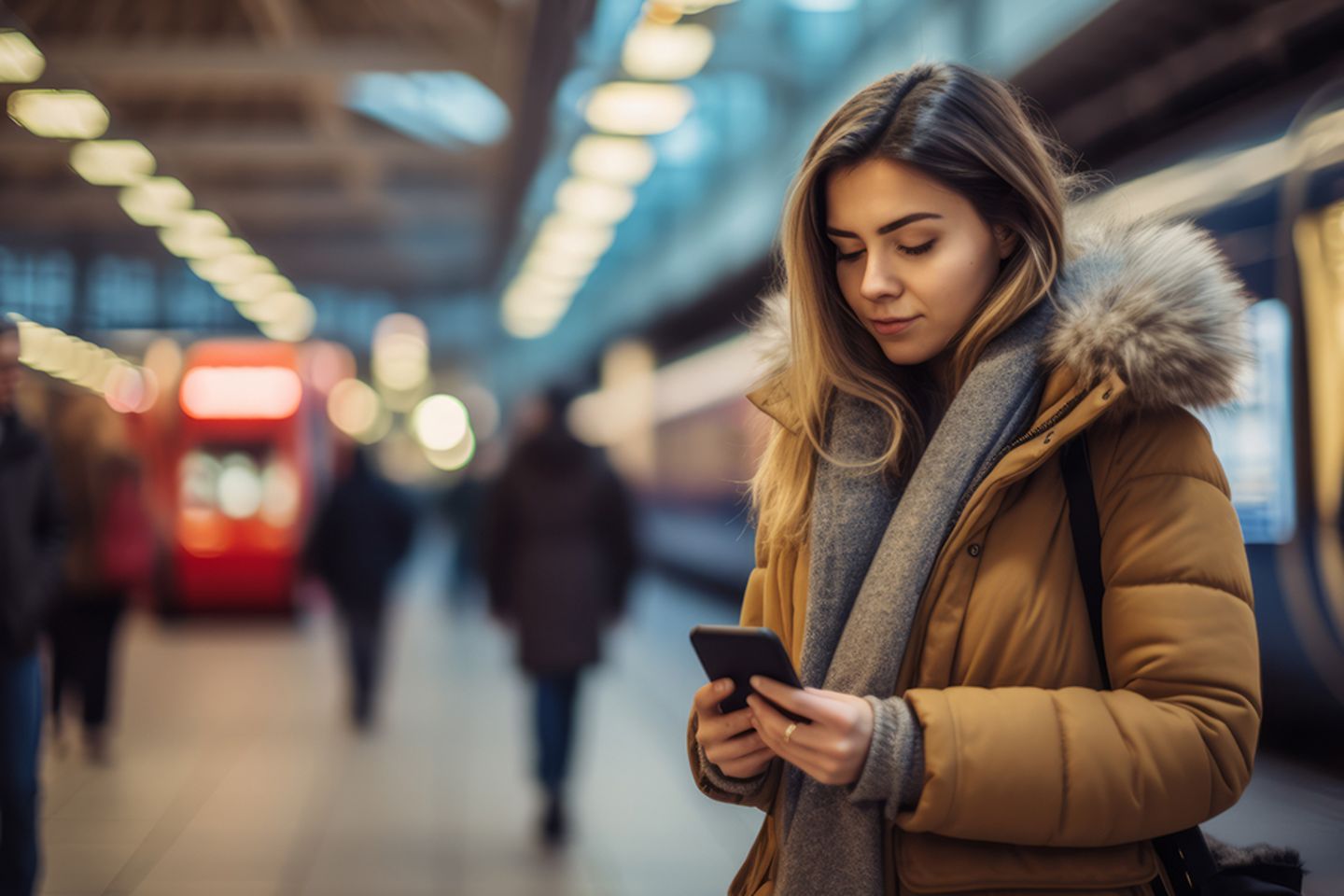  Junge Frau steht auf einem Bahnsteig und schaut auf ihr Mobiltelefon