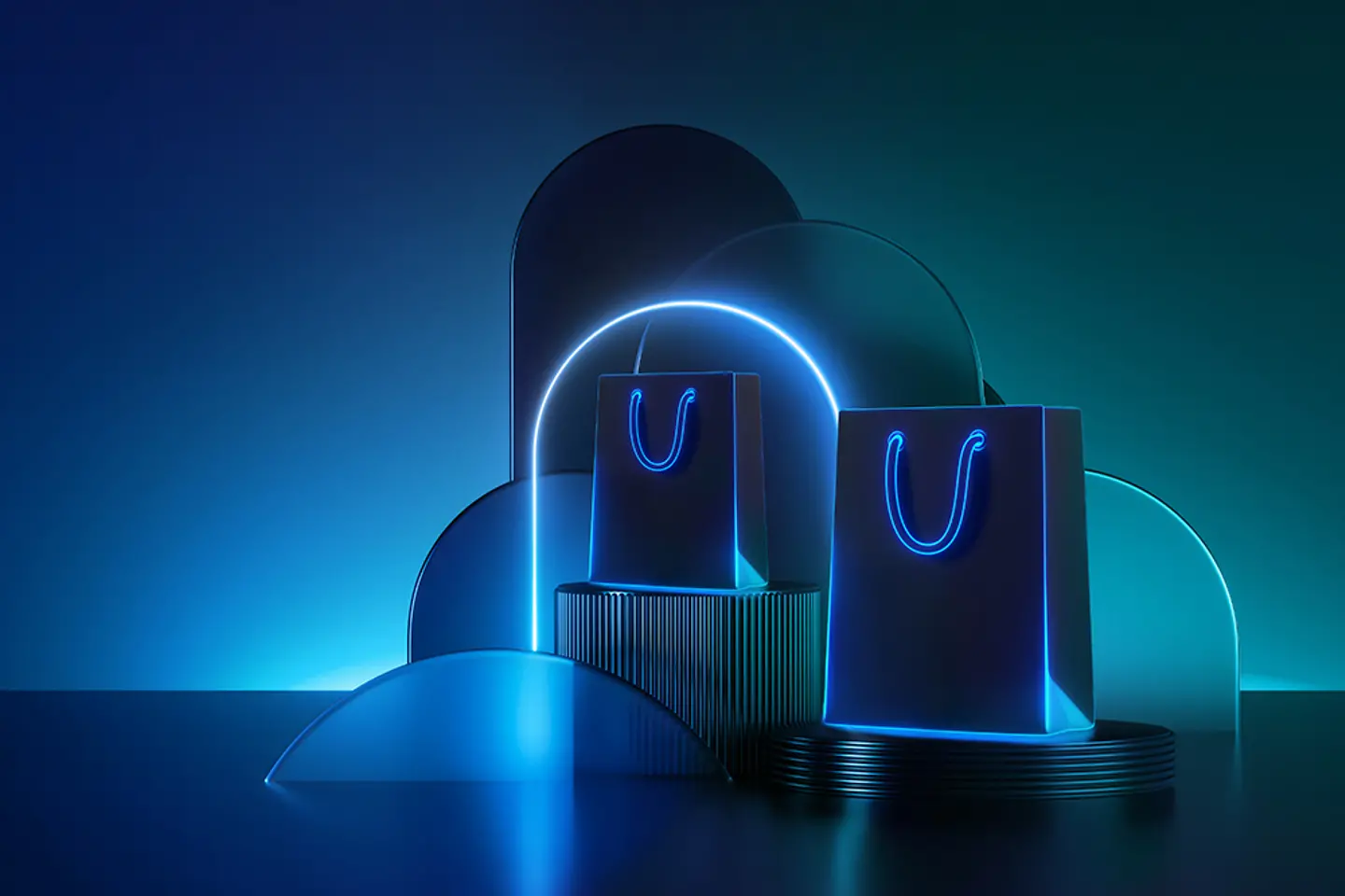 Abstrakte 3D Einkaufstasche vor blauem Hintergrund