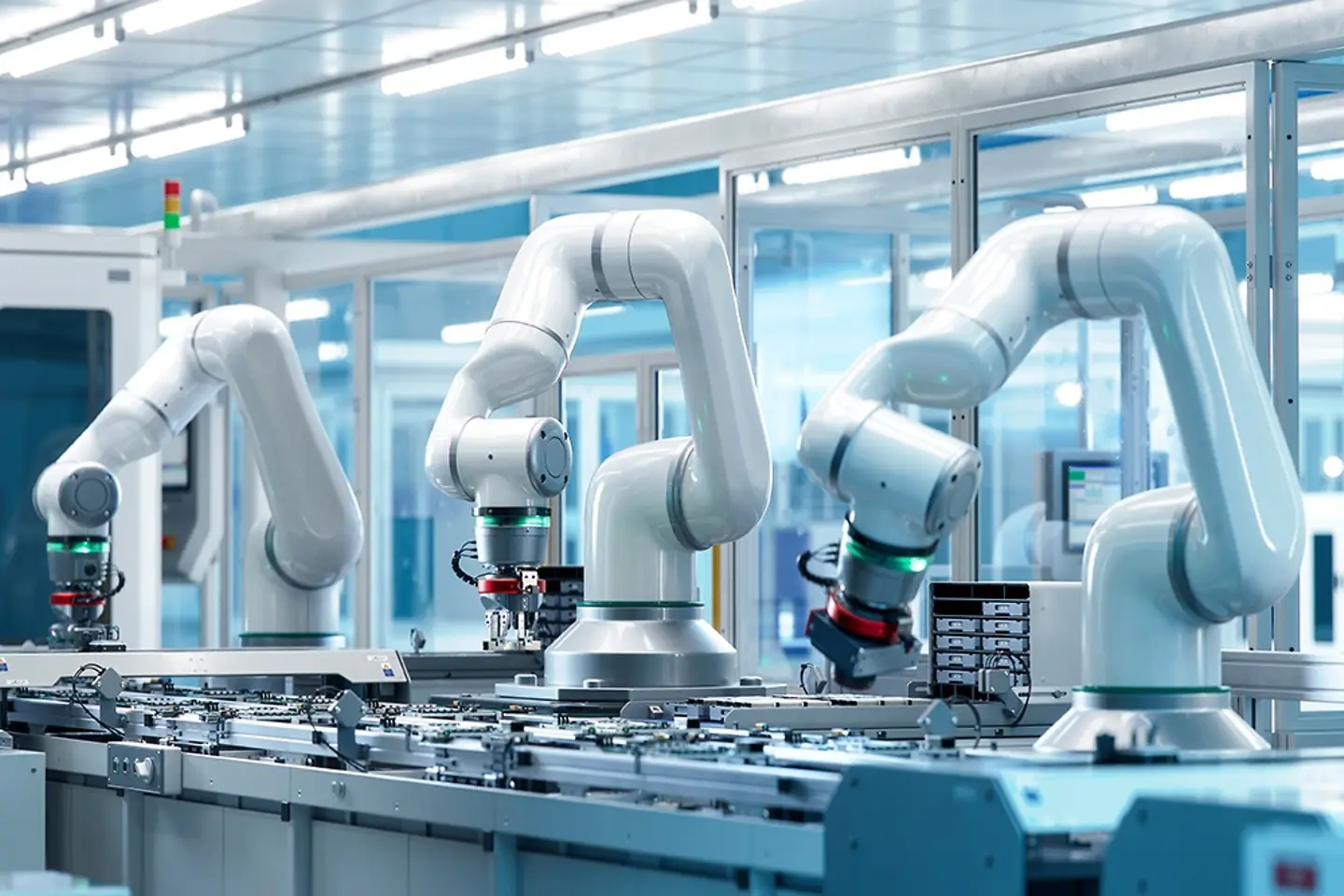 Moderna nave industrial con tres brazos robotizados