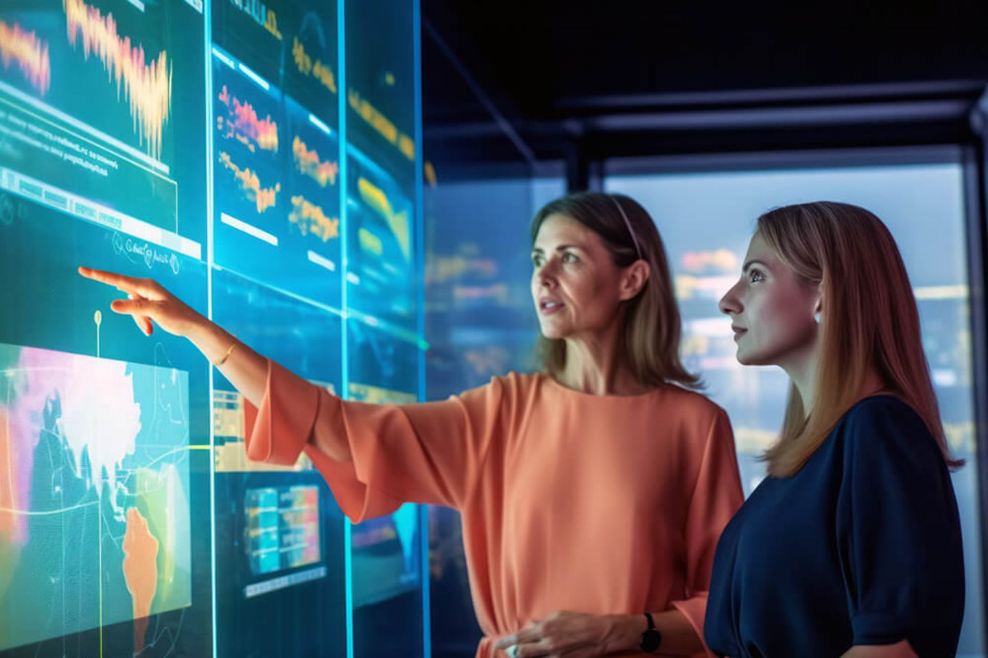 Two women look at a digital interface with visualized data