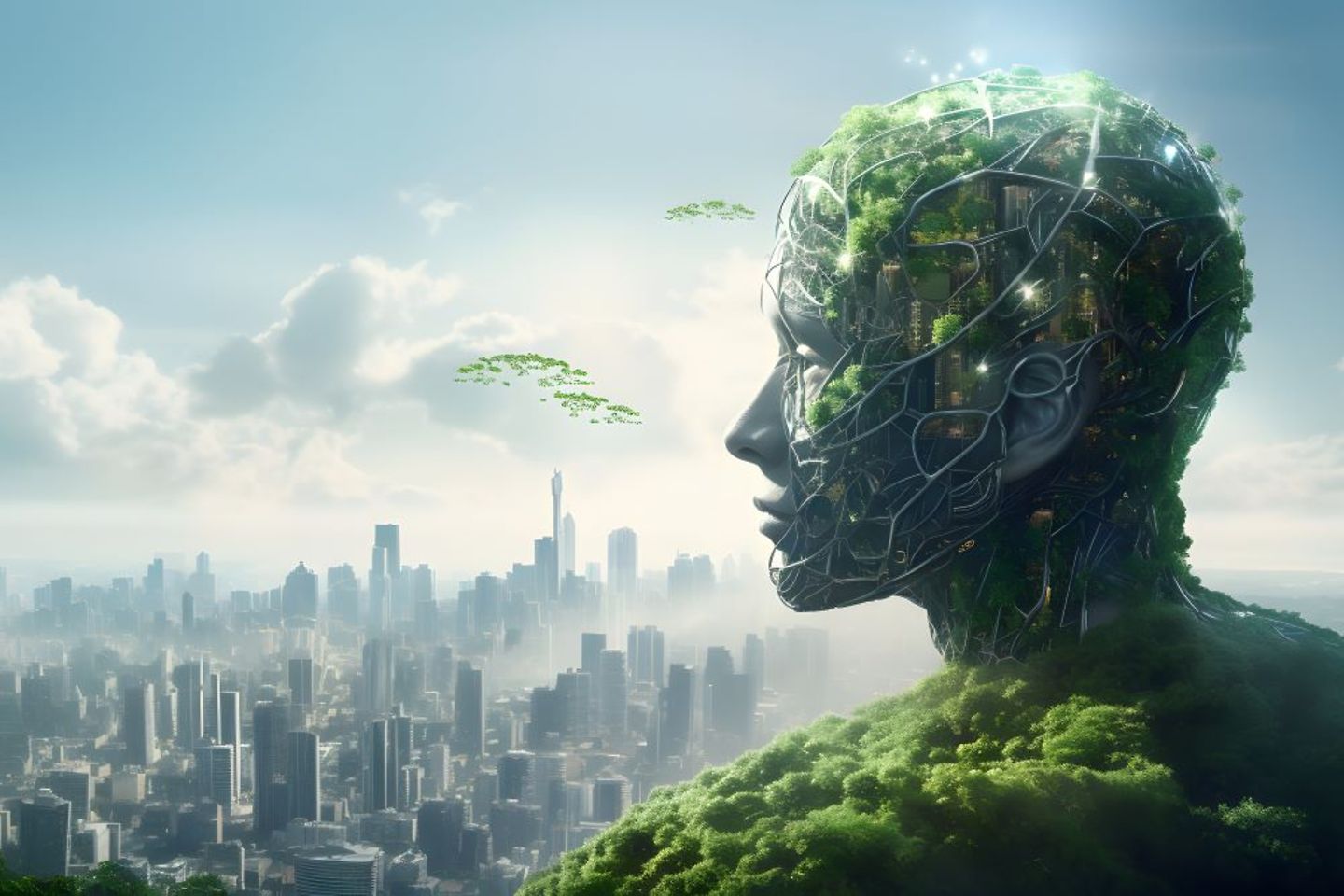 Human AI head covered with nature symbols in front of city