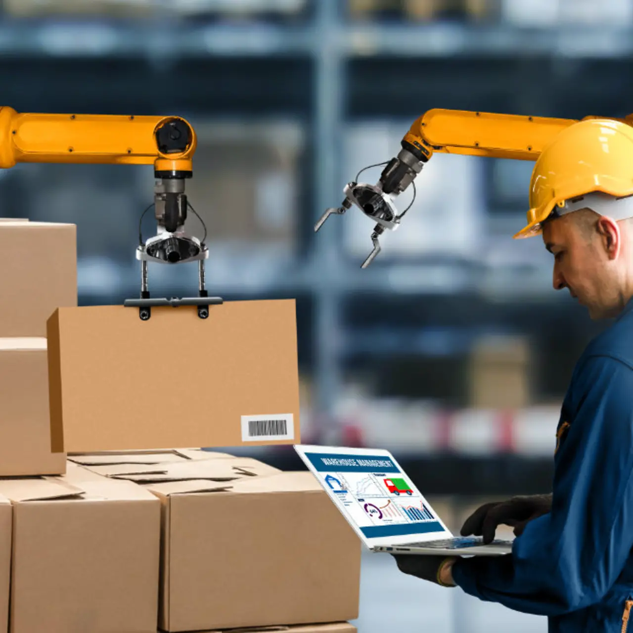 Trabajador de logística con brazo robótico inteligente que utiliza tecnología IoT e IA en un almacén logístico