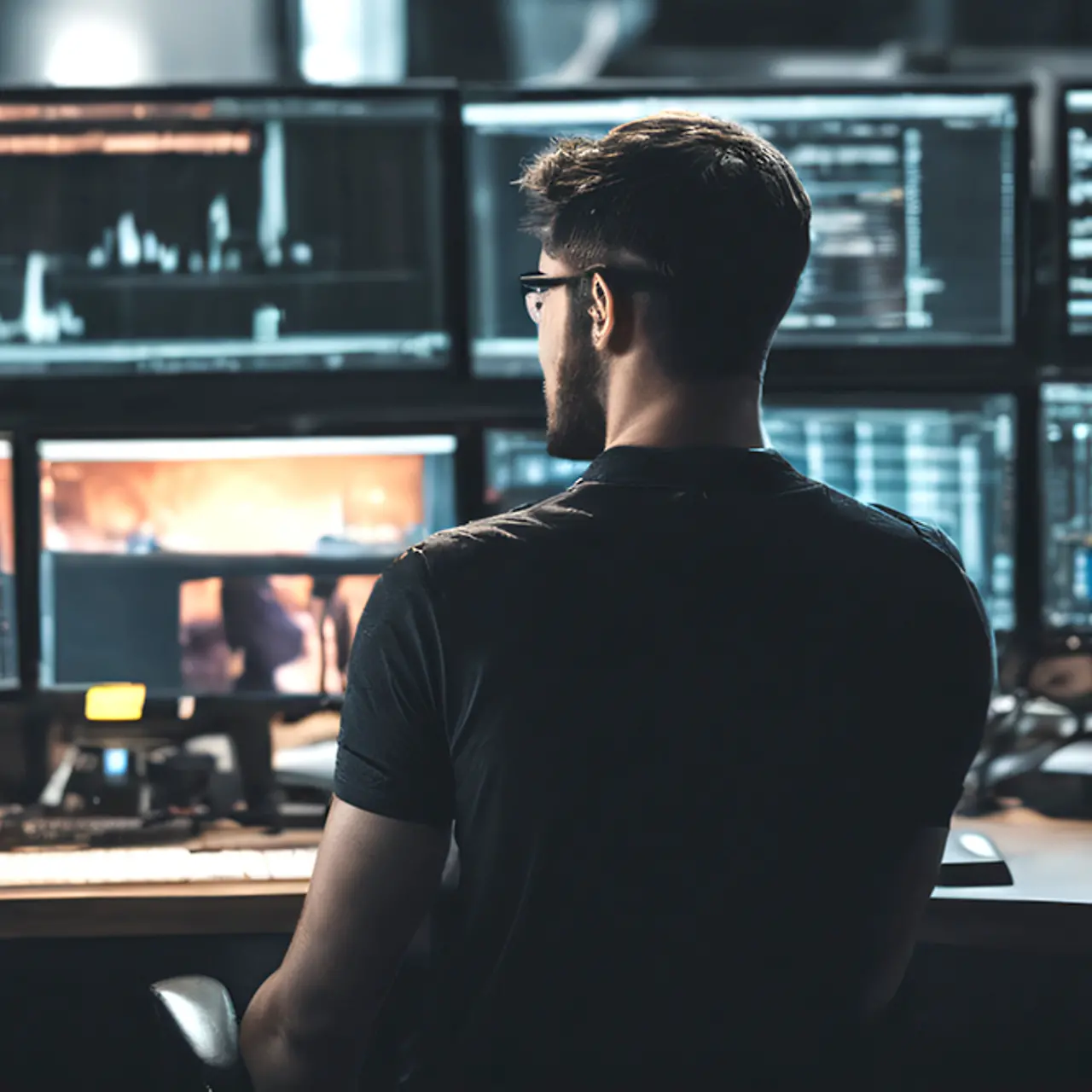 Een softwareontwikkelaar werkt aan verschillende monitors tijdens applicatiebeheer