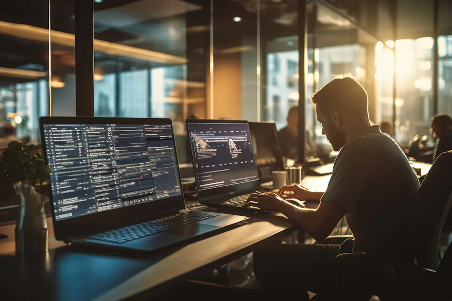Team van softwareontwikkelaars die applicaties programmeren, samenwerken en testen in een moderne ontwikkelomgeving