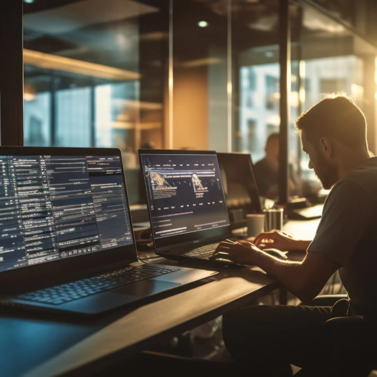 Equipo de desarrolladores de software que programan, colaboran y prueban aplicaciones en un entorno de desarrollo moderno