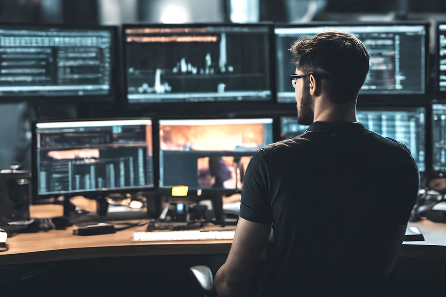 Software developer working on multiple monitors on application management