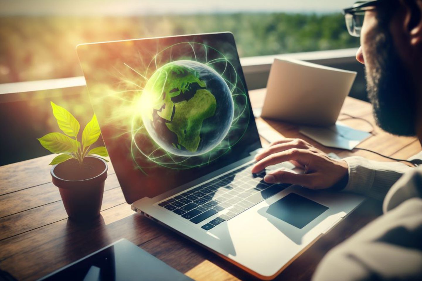 Business man working on laptop outside, on screen a green earth. 