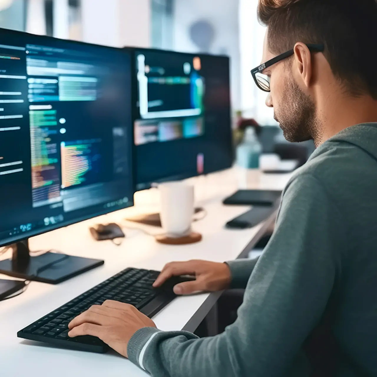 Un développeur de logiciels travaille sur l’automatisation intelligente, l’espace de travail digital