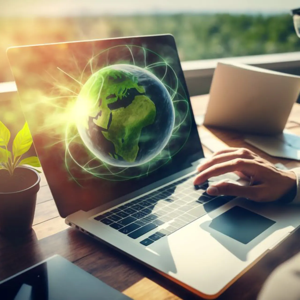 Hombre de negocios trabajando en la computadora portátil fuera, en la pantalla una tierra verde. 