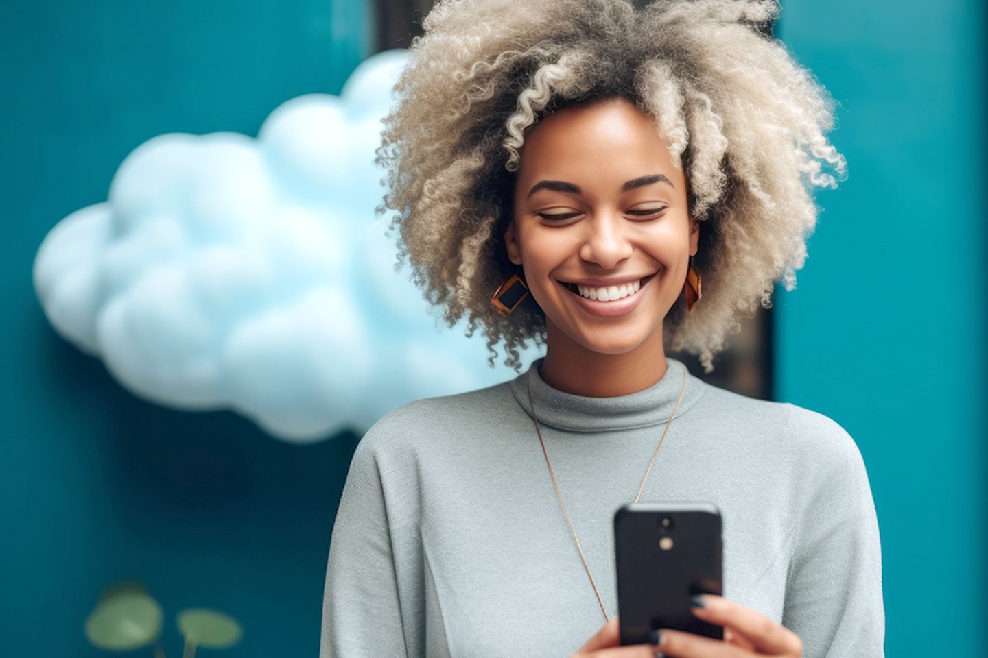 Mulher afro-americana moderna sorrindo com uma nuvem ao fundo