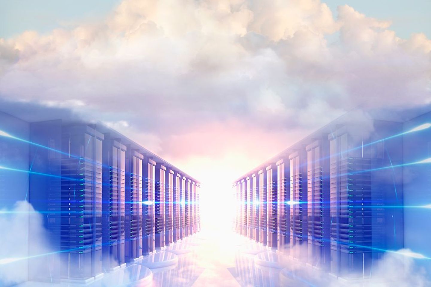 Gabinetes de servidores cercados por nuvens em tons pastel e uma fonte de luz no centro