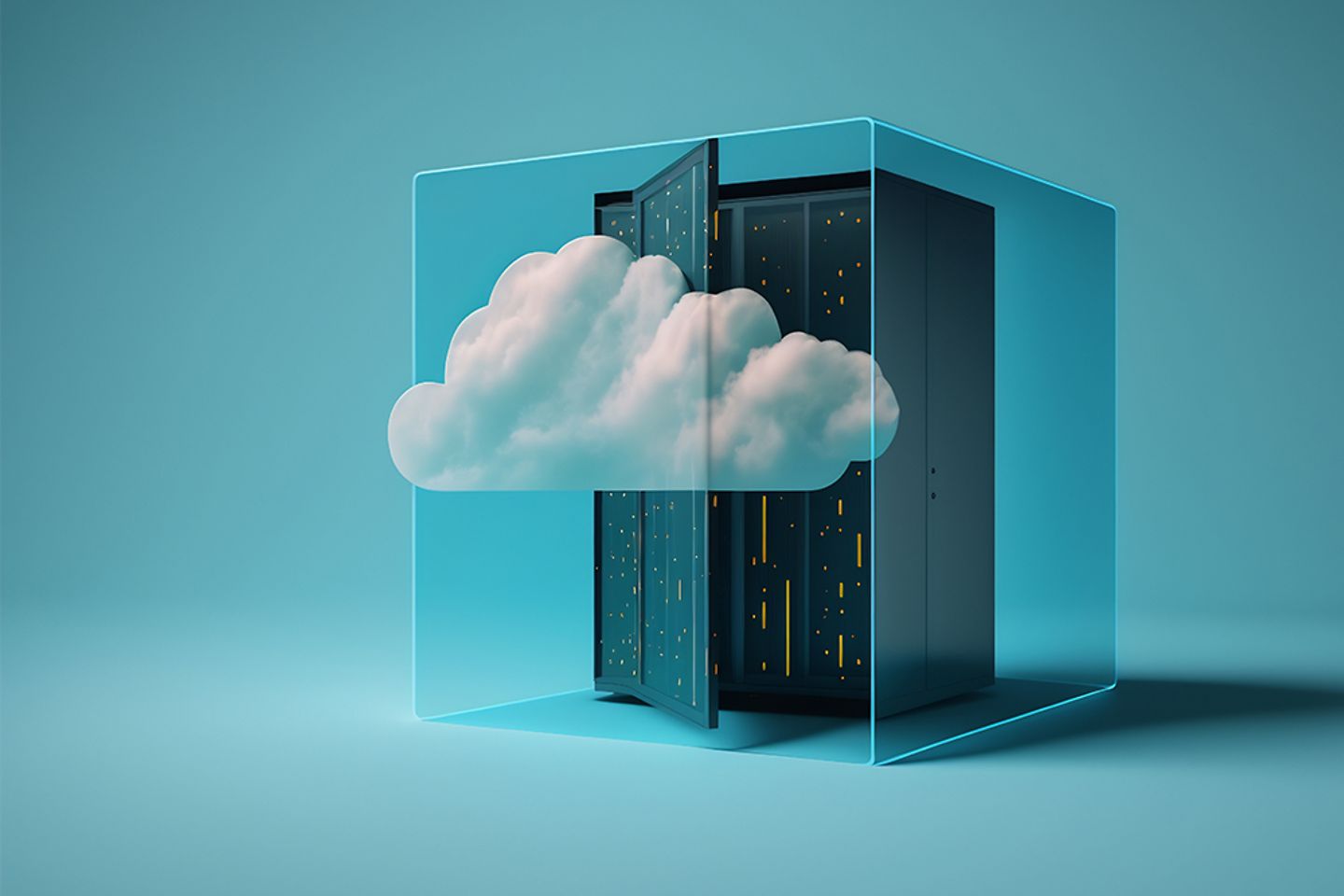 Gráfico de un rack de servidores y un cloud en un recipiente de cristal