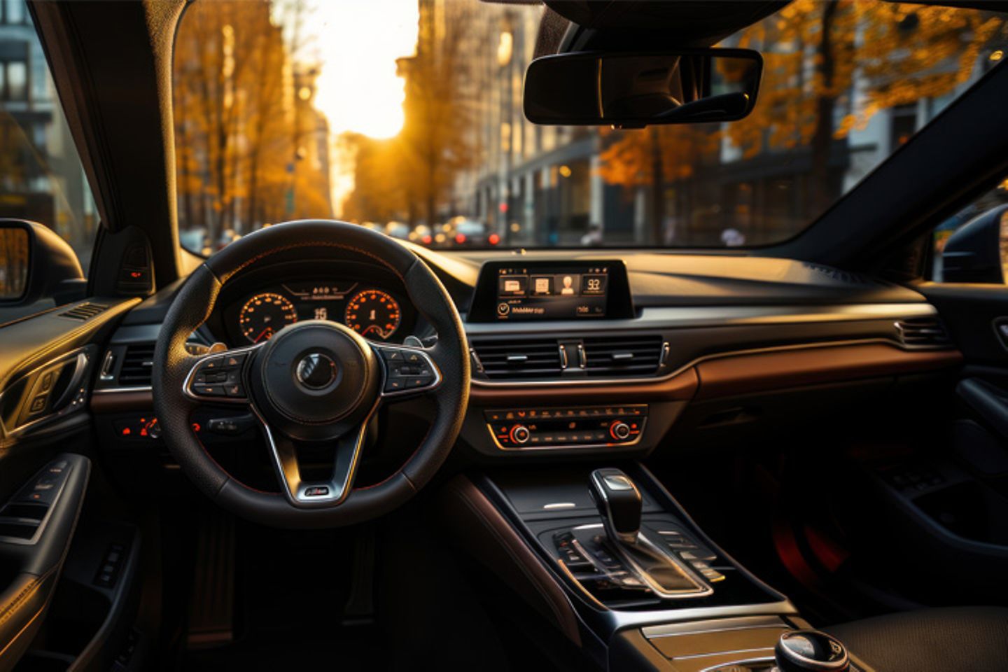 Interior view of seld-driving car on a street