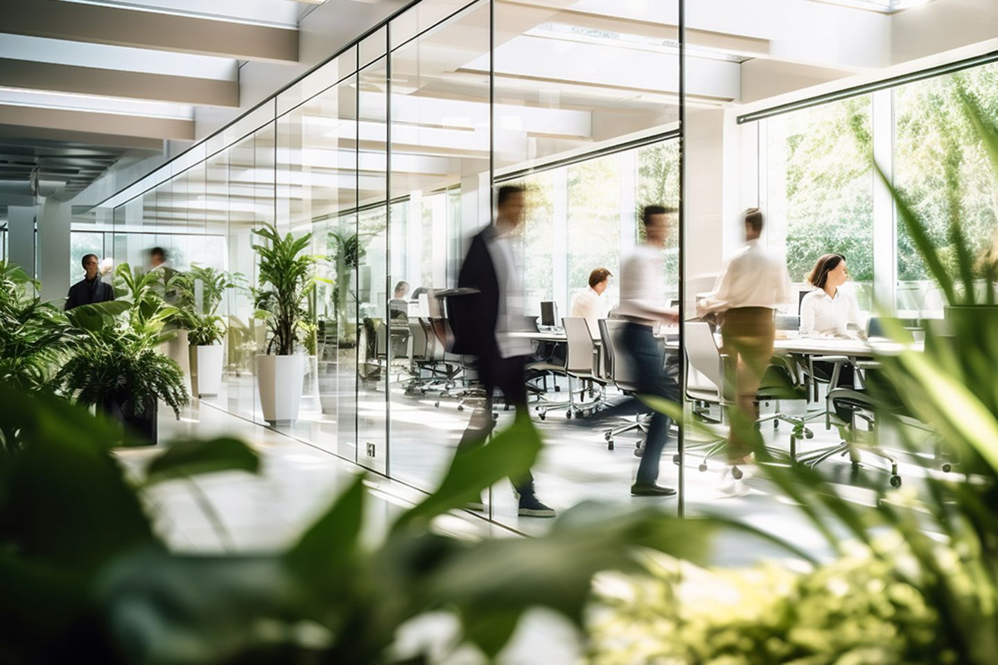 Des personnes se déplacent de manière floue dans un immeuble de bureaux en verre avec beaucoup de plantes