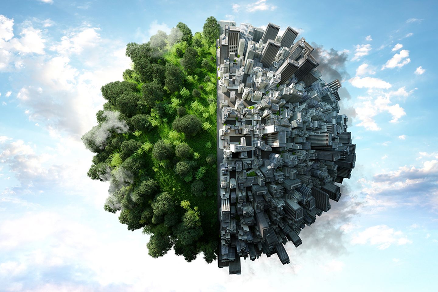 Graphique d’un globe terrestre représenté en partie par une ville grise et en partie par une forêt verte