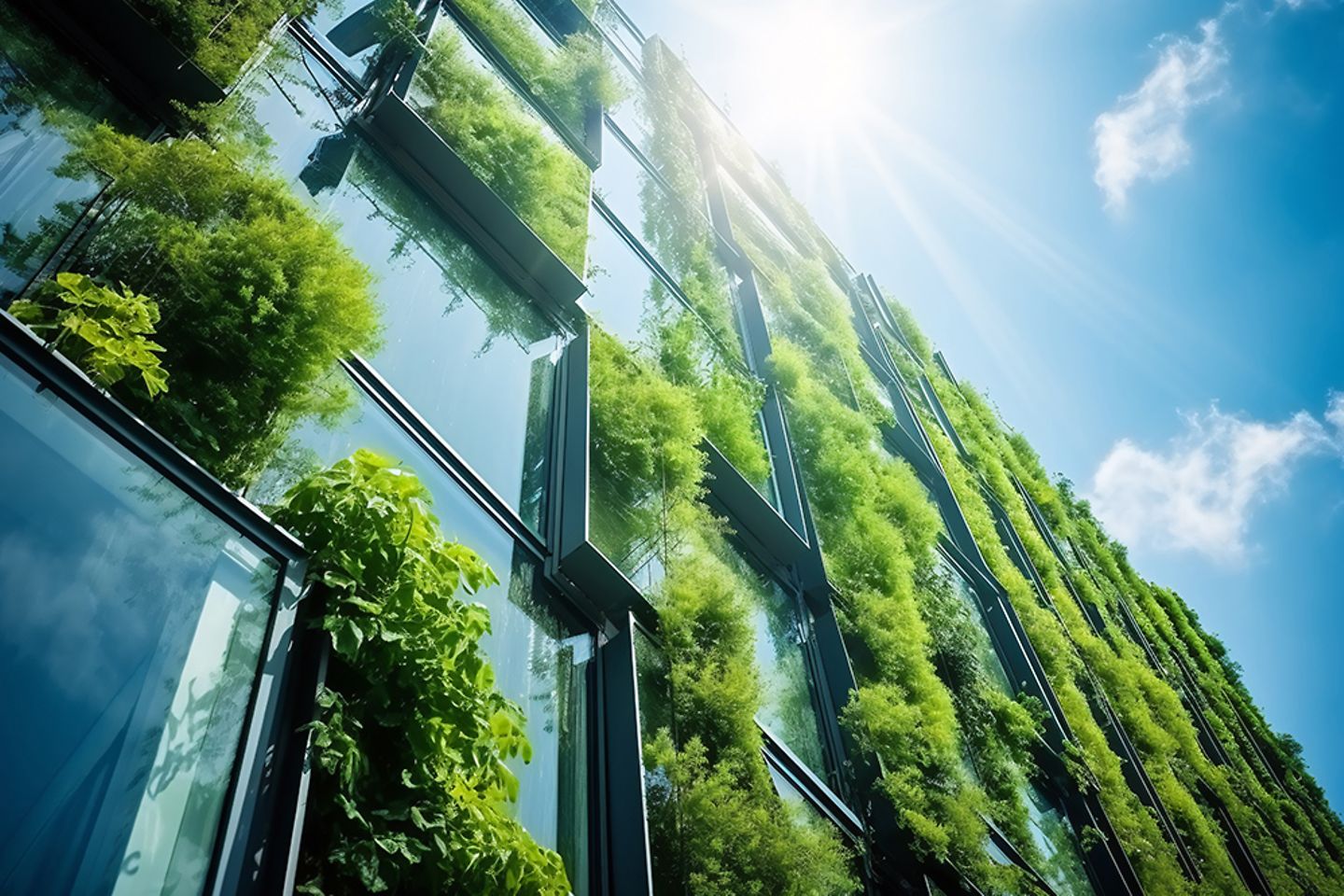 Immeuble de bureaux avec façade vitrée végétalisée sur fond de ciel bleu