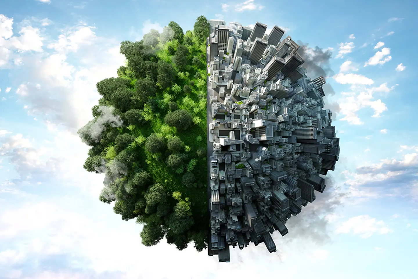 Gráfico de un globo terráqueo formado en parte por una ciudad gris y en parte por un bosque verde
