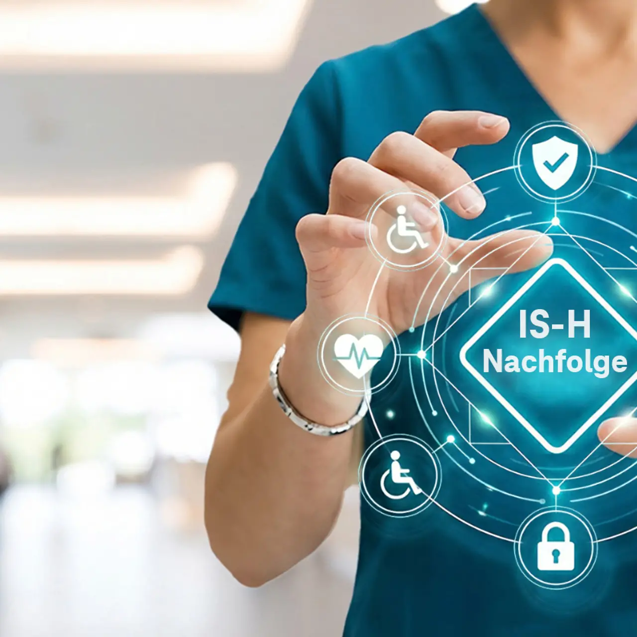 KI-generiertes Bild - Eine medizinische Fachkraft zeigt eine digitale Anzeige mit medizinischen Icons