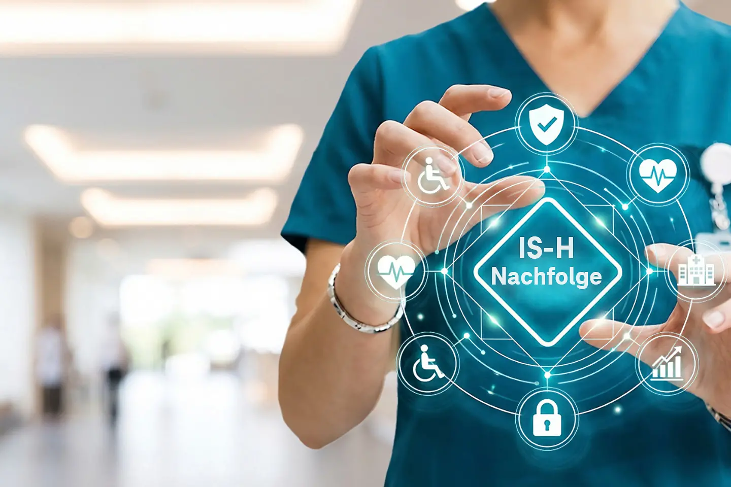 KI-generiertes Bild - Eine medizinische Fachkraft zeigt eine digitale Anzeige mit medizinischen Icons