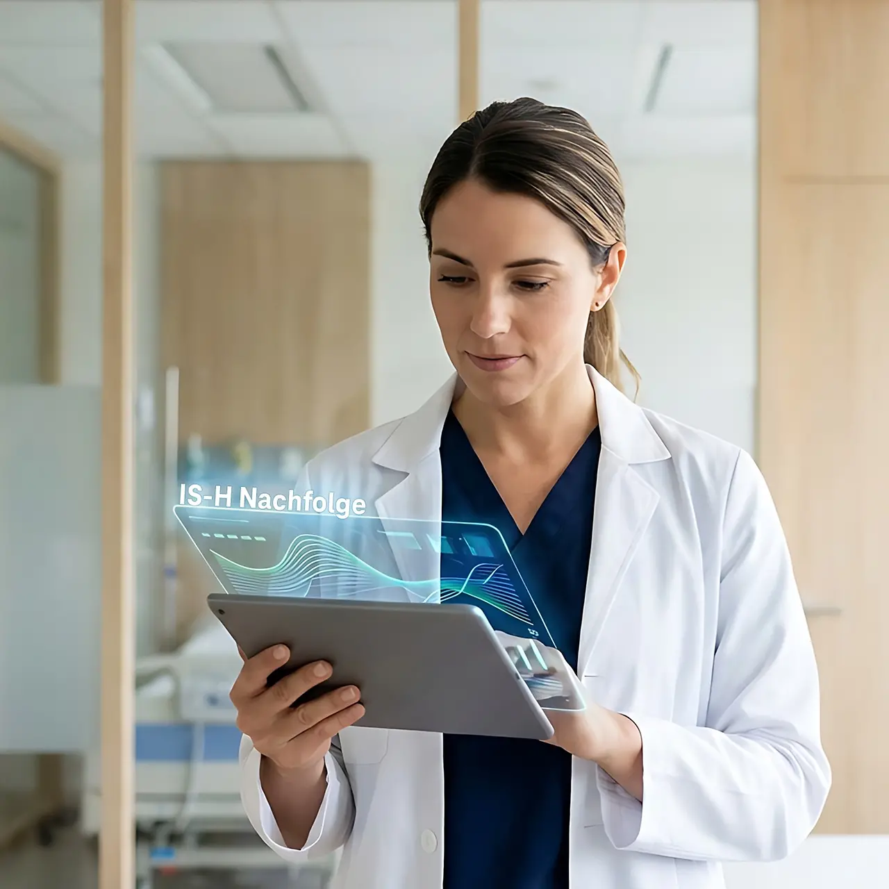 KI-generiertes Bild - Eine Krankenschwester hält ein Tablet in ihrer Hand und sieht eine Projektion zu IS-H Nachfolge