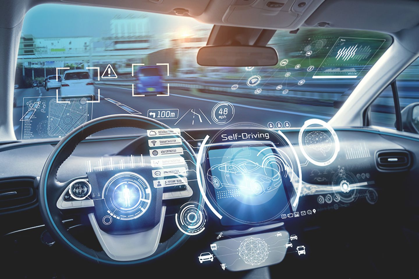 Cockpit van een autonome auto van de toekomst