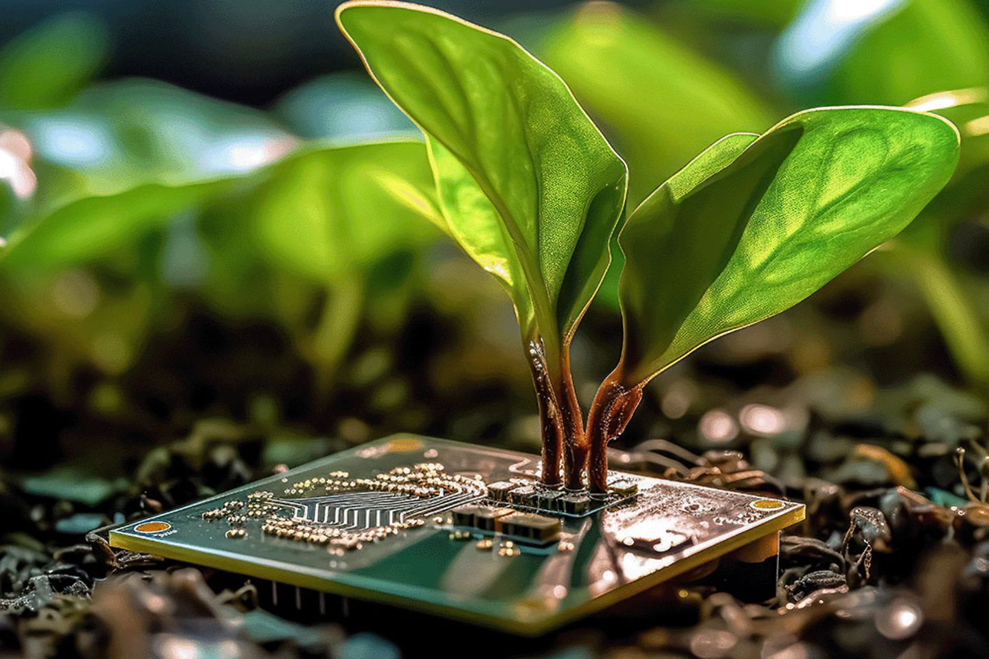 A computer chip illustrates an eco friendly concept of new life