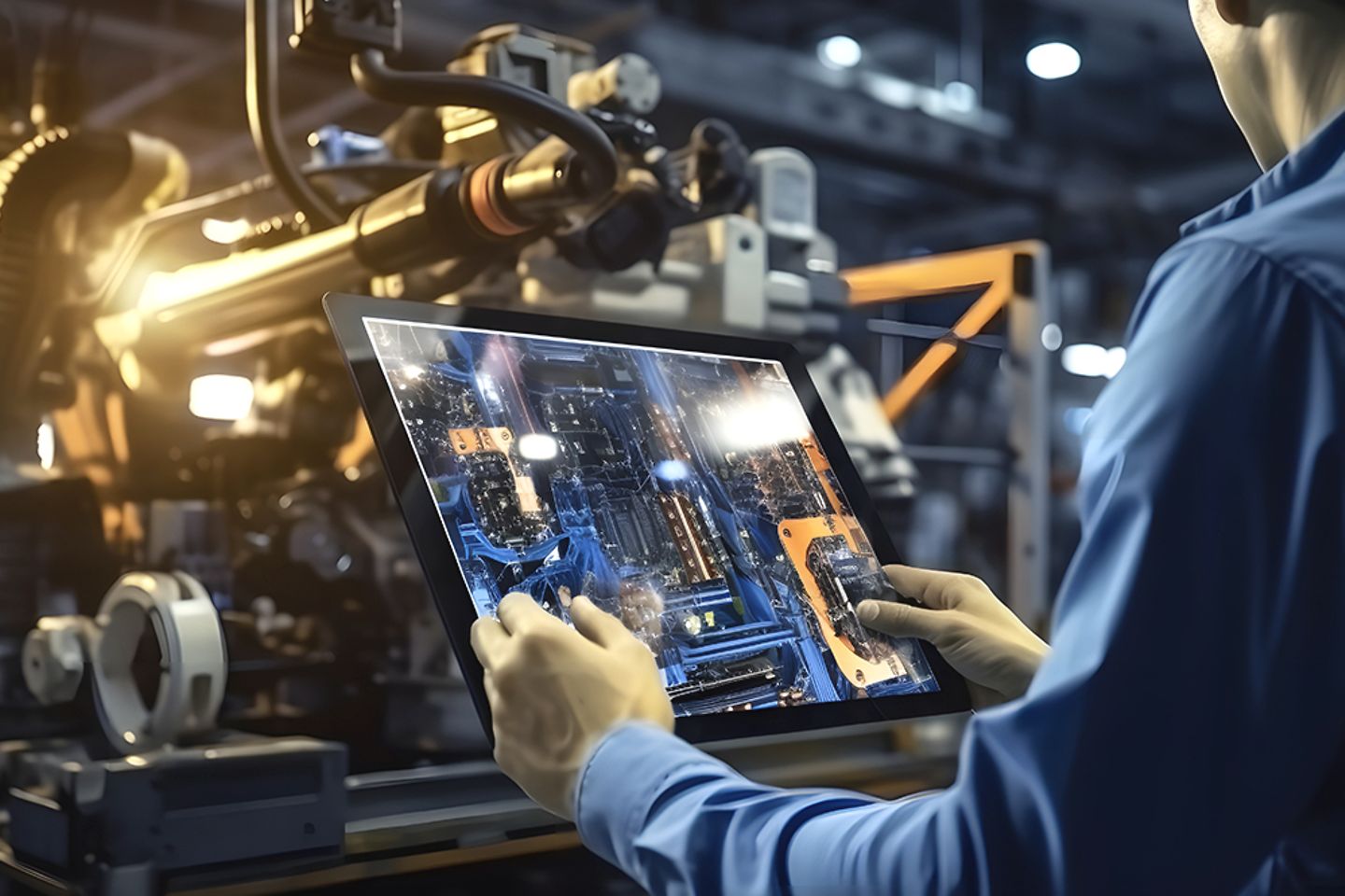 Ingenieur, der ein Tablet mit Software zur Echtzeitüberwachung einer Maschine benutzt