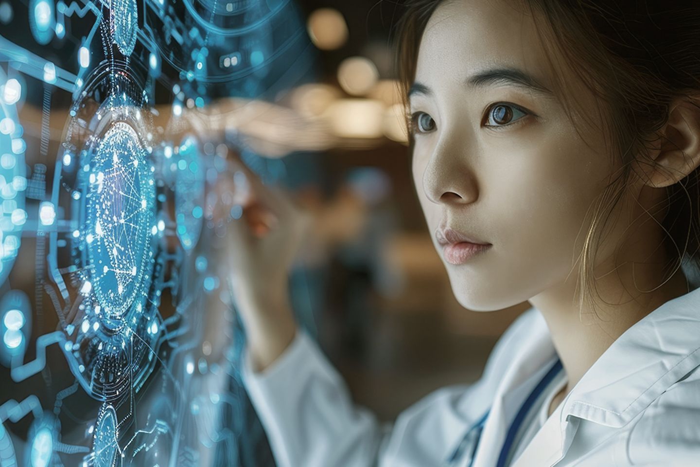  A female doctor in front of a digital screen