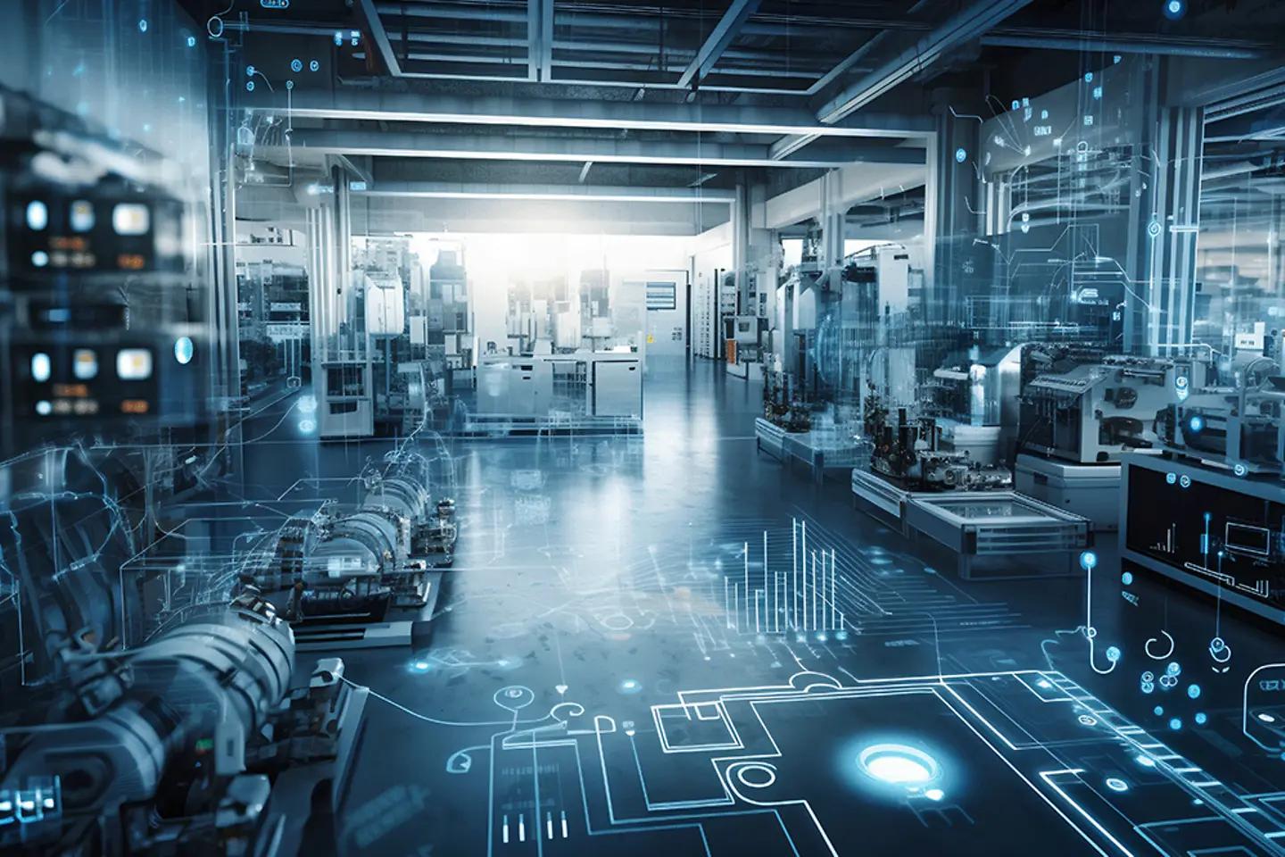 Industry 4.0 smart factory interior showcases IIoT machines, efficient workstations, and automated production lines