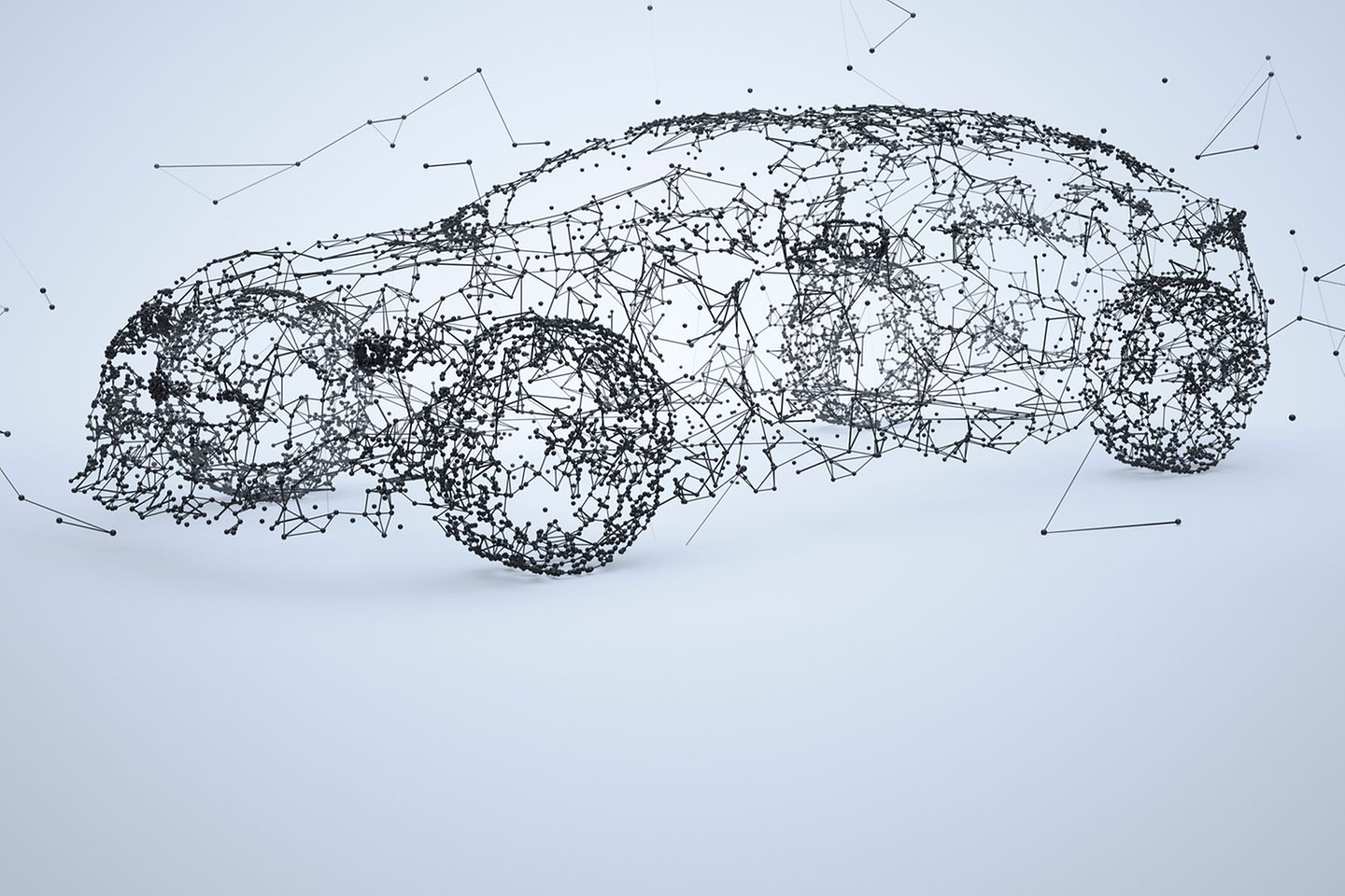 Visuelle Grafik eines Autos aus miteinander verbundenen Punkten und Strichen.