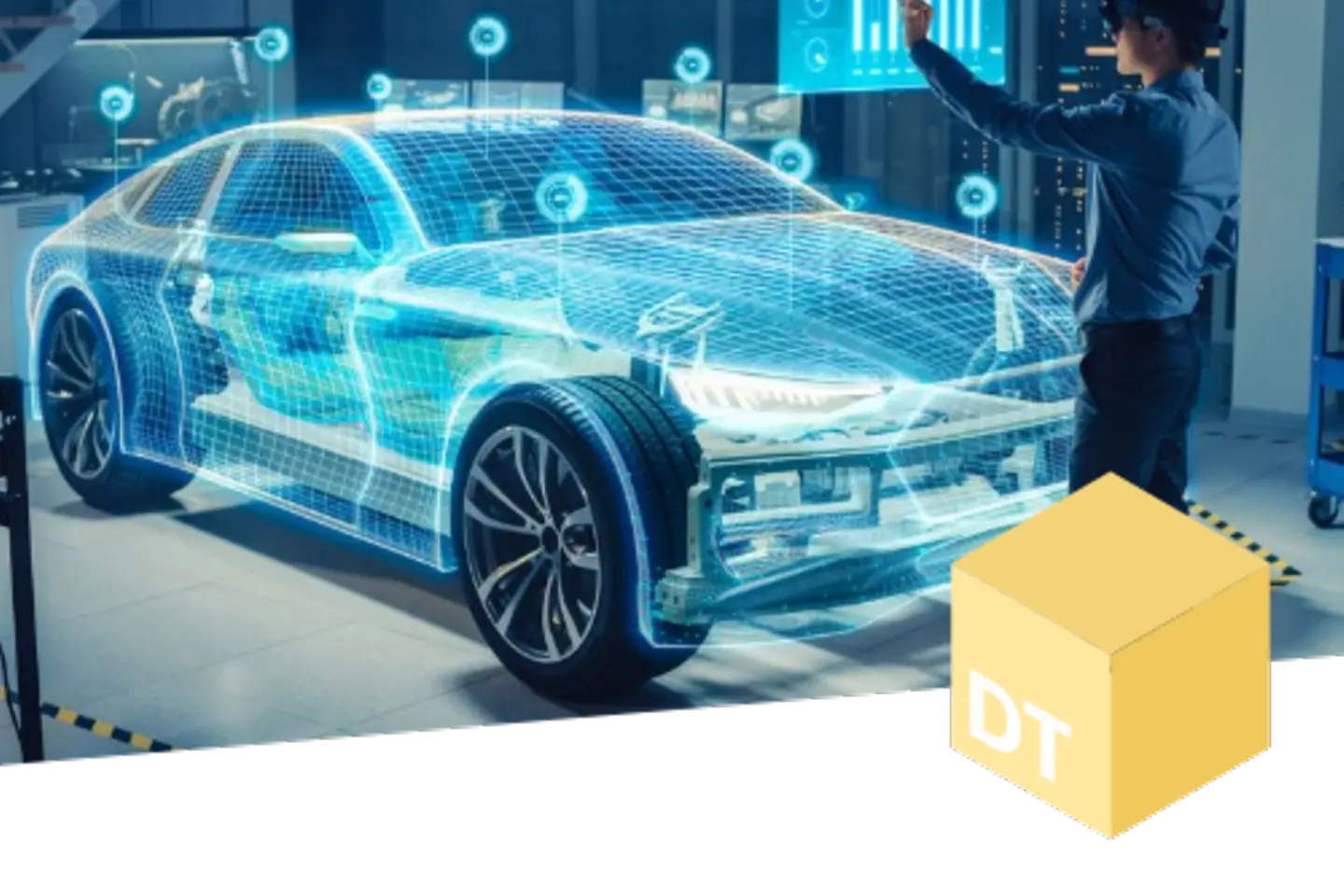 Employee looks at digital graphics, behind it is a virtual car