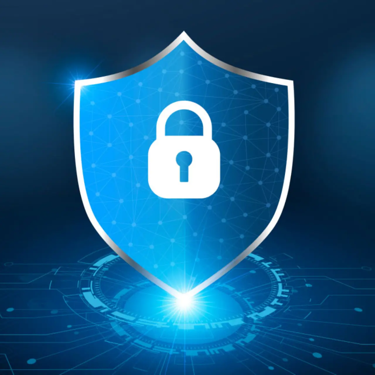 A large, blue security shield with a white lock in the middle