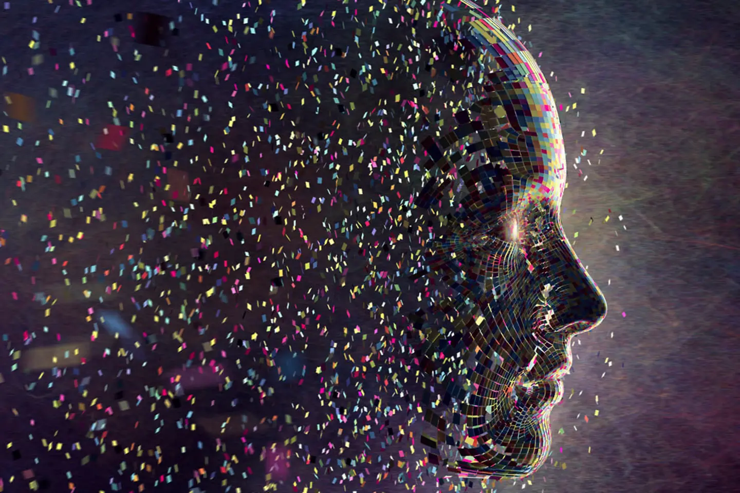 colourful particles form a face