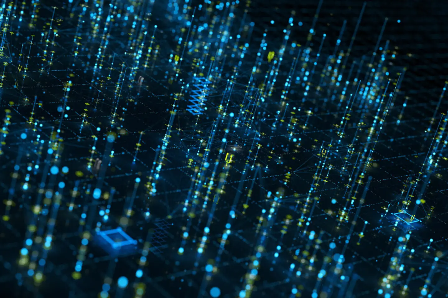 Abstract lines and dots in light blue and green on black background