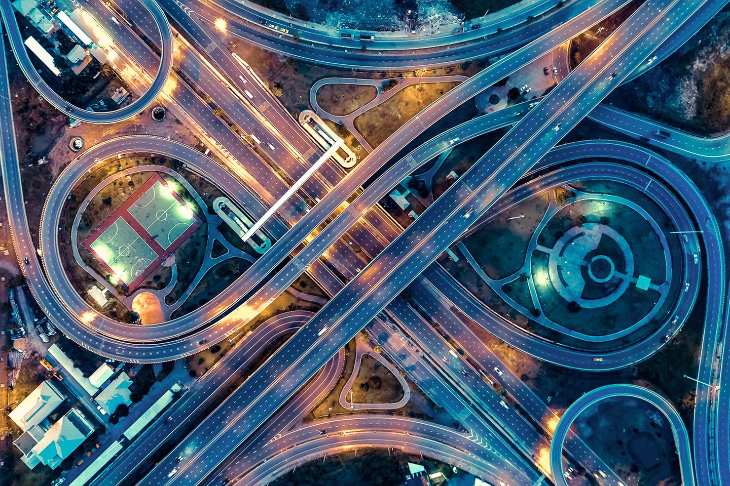 Aerial view of a large motorway junction.