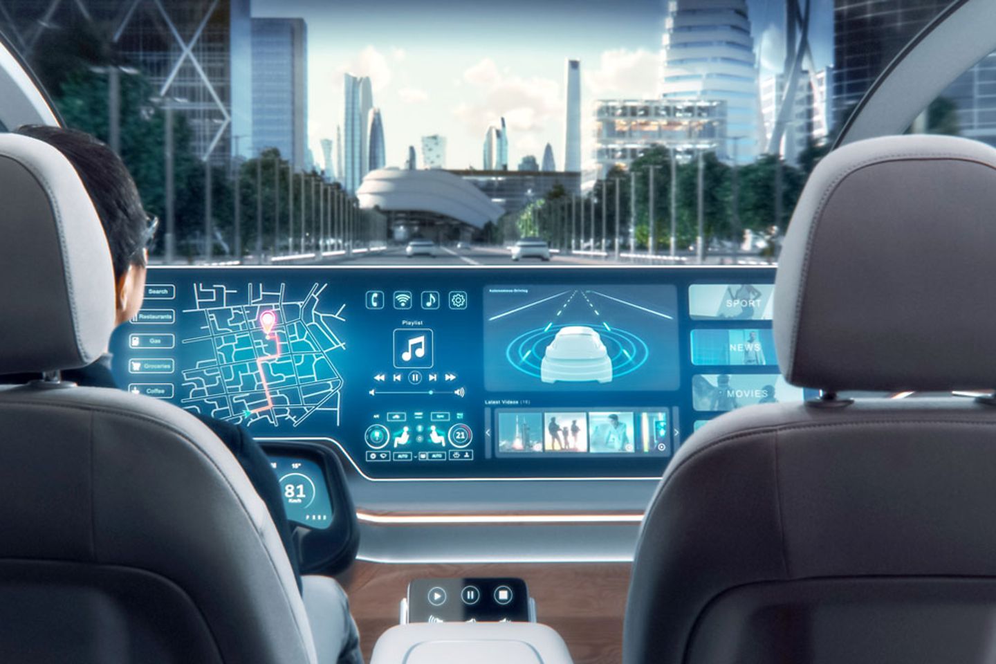 Mann, der eine Navigations-App auf einem Augmented-Reality-Armaturenbrett im Auto benutzt