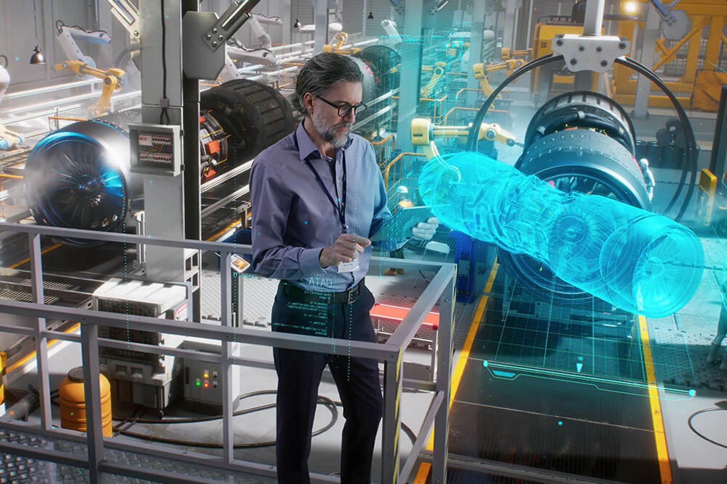 Ein Ingenieur verwendet ein Tablet mit einer holografischen Anwendung
