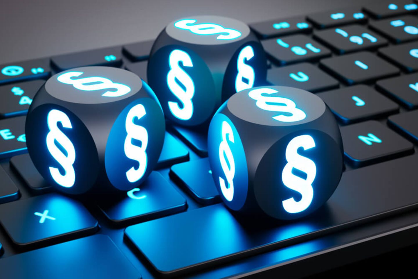 Dado iluminado con símbolos de párrafo en un teclado