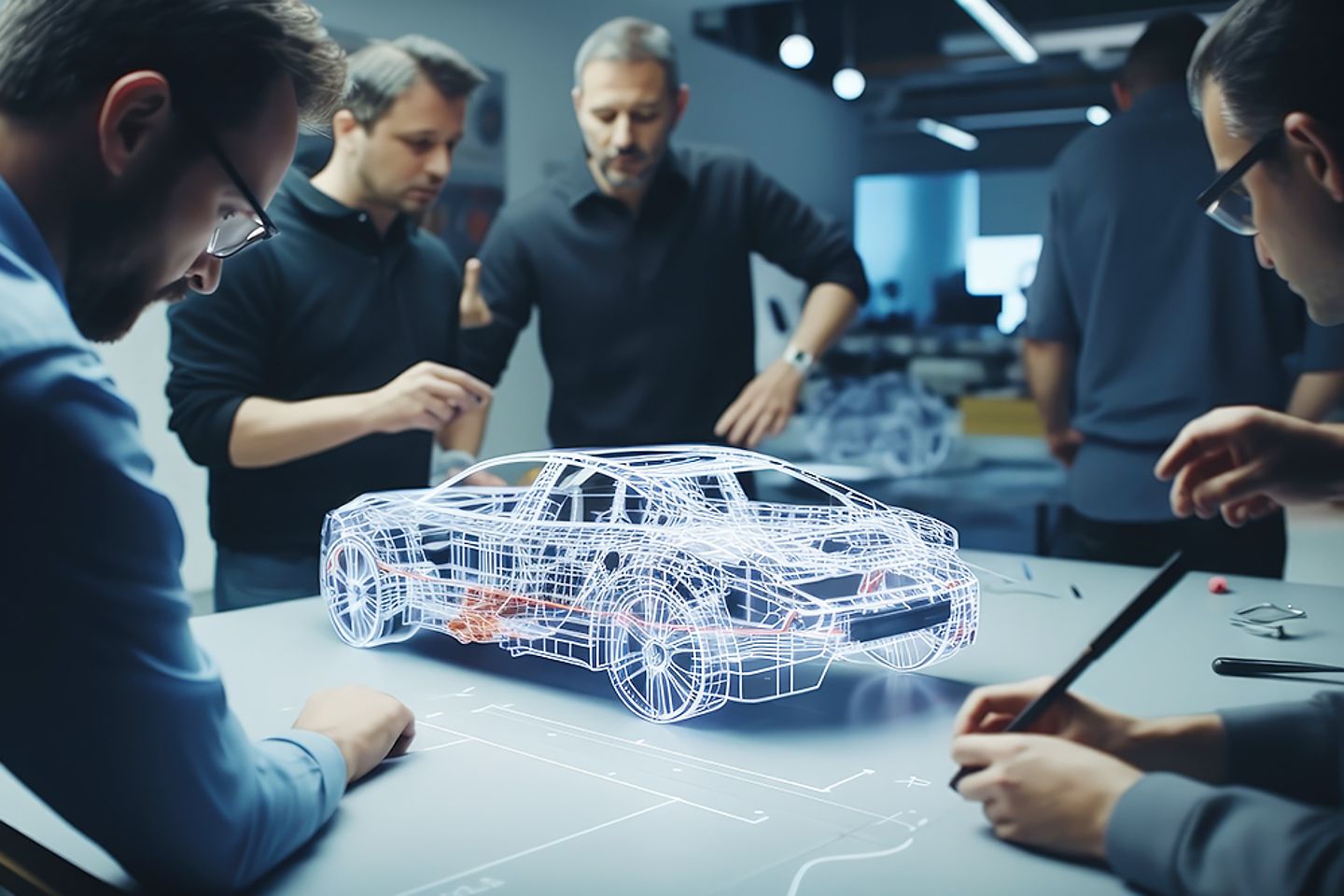 Ingenieros diseñando los coches del futuro en una fábrica de automóviles